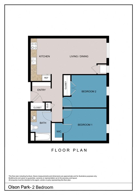 Floor plan for 2 beds, 1 bath, 884 sqft